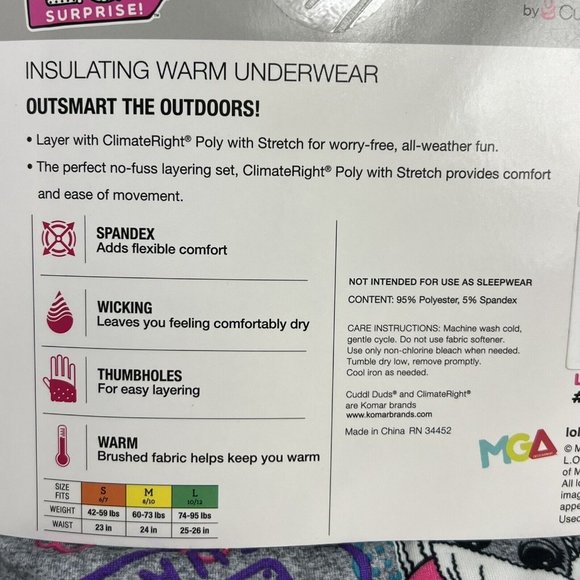 Climate Right Cuddle Duds LOL Surprise Insulating Warm Underwear Large 10/12 New - Picture 6 of 12